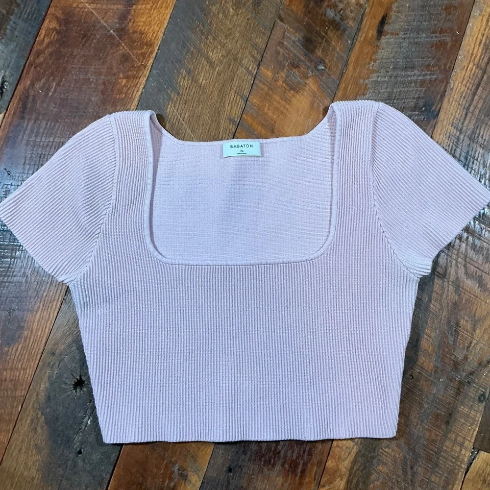 Aritzia Babaton Sculpt Knit Square Neck Tee XL Mauve Pink - Picture 2 of 6
